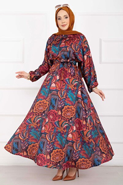 EBRUTESETTÜR Floral Pattern Belted Hijab Dress Tile