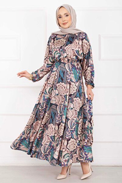 EBRUTESETTÜR Floral Pattern Belted Hijab Dress Beige