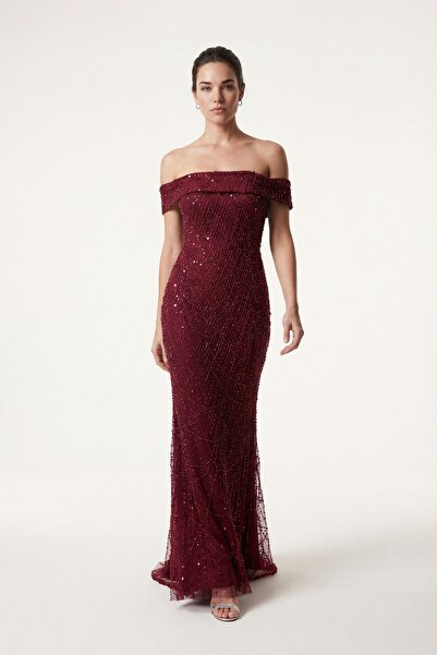 Lafaba Kadın Bordo Kayık Yaka Boncuklu Uzun Abiye Elbise