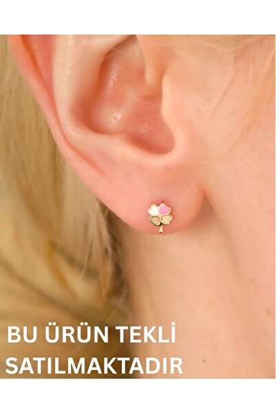 YCL JEWELLERY (TEKLİ) 8 Ayar Altın Pembe-Beyaz Yonca Küpe