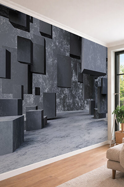 dreamwall 3D Mimari Derinlikli Beton Blok Desenli Endüstriyel Modern Tek Parç...
