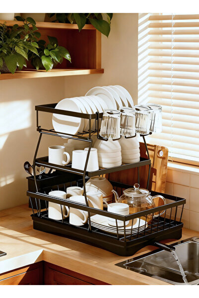 Generic رف تجفيف أطباق بثلاث طبقات لسطح المطبخ، مزود بنظام تصريف تلقائي، مناس...