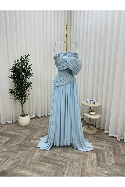 Meryl Sky blue chiffon evening dress with a sleeveless design and crystal emb...