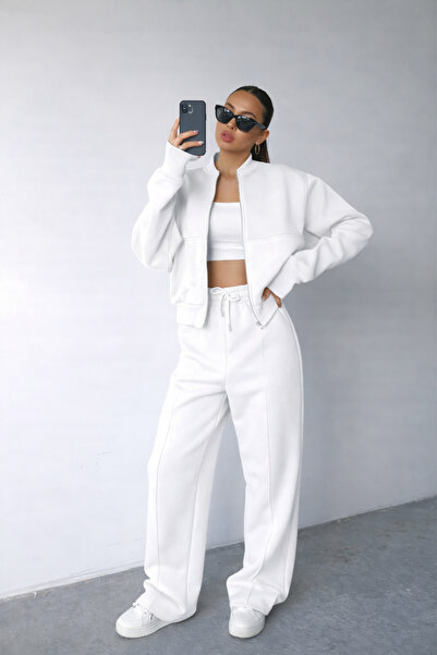 BayBayan Women's 3-Thread Striped Zippered Bomber Jacket Wide-Leg Sweatpants Set