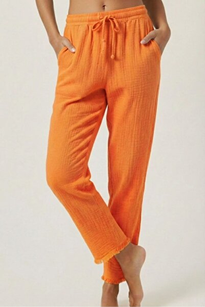 madam trend Orange Color 100% Cotton Muslin Fabric Trousers - Elastic Waist, ...