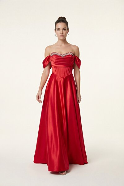 Lafaba Women's Red Boat Neck Stoned Long Promise Engagement Wedding Evening D...