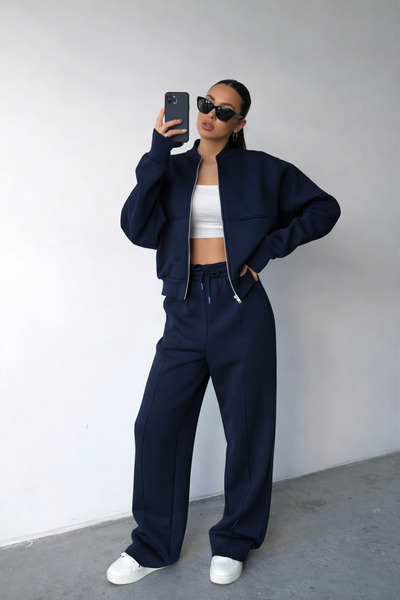 BayBayan Women's 3-Thread Striped Zippered Bomber Jacket Wide-Leg Sweatpants Set