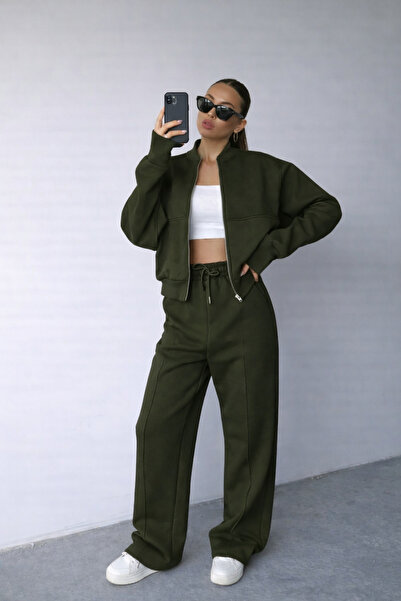 BayBayan Women's 3-Thread Striped Zippered Bomber Jacket Wide-Leg Sweatpants Set