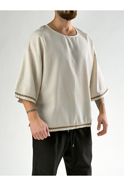 COCOPELLI Kol Patterned Fakir Sleeve Oversize Beige Men's T-Shirt Coc2811