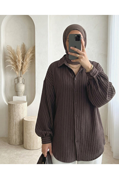 Modamorfo Long Backed Loose Muslin Shirt with Stitching - Brown