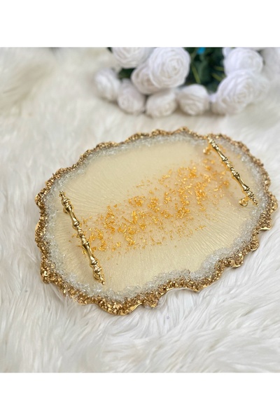 RESİNARTSHOP Epoksi Tepsi Sedefli Krem+Gold Damat Tepsisi (20x30)