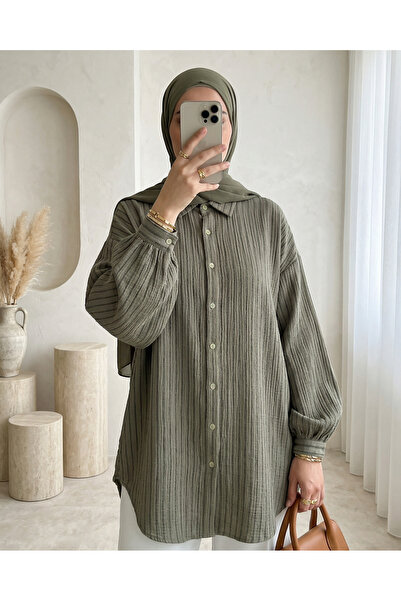 Modamorfo Long Backed Loose Muslin Shirt with Stitching - Khaki