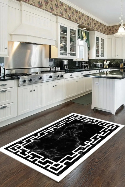 Halise Home Siyah Çerçeveli Beyaz Mermer Desen Kaymaz Tabanlı Yıkanabilir Bas...