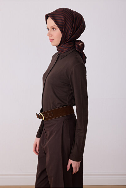 Belli Eșarfă maro cu model geometric, 100% mătase twill 4325-31