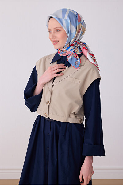 Belli Eșarfă albastră multicoloră cu model de obiecte, 100% mătase twill 4300-35