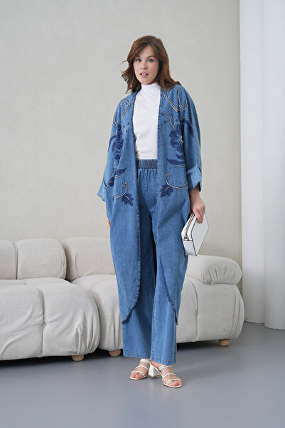 Miss Allos Cardigan kimono din denim cu broderie frontală și mărgele pentru f...