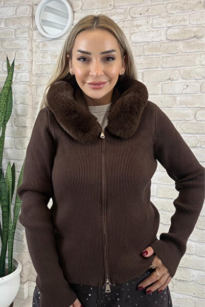 Muna Boutique Comfortable Fit Brown Women's Cardigan with Fur Collar and Zipper