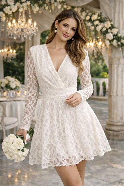 Dipmoda Women's White Double-Breasted Collar Lace Fabric Mini Dress