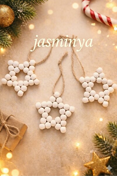 Jasminya 3 lü Beyaz Dekoratif Ahşap Boncuk Yıldız Model Kapı Duvar Mutfak Beb...