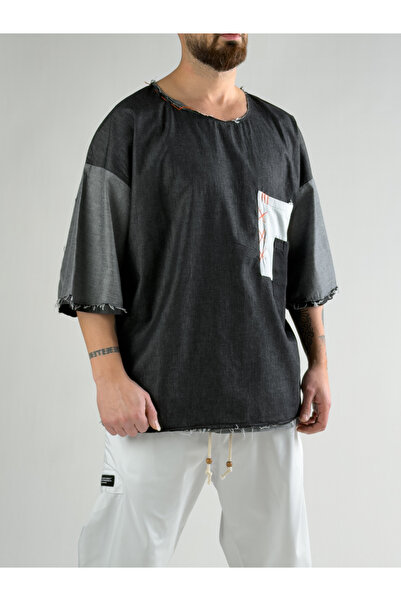 COCOPELLI Tricou antracit cu mâneci largi pentru bărbați, design oversize COC...