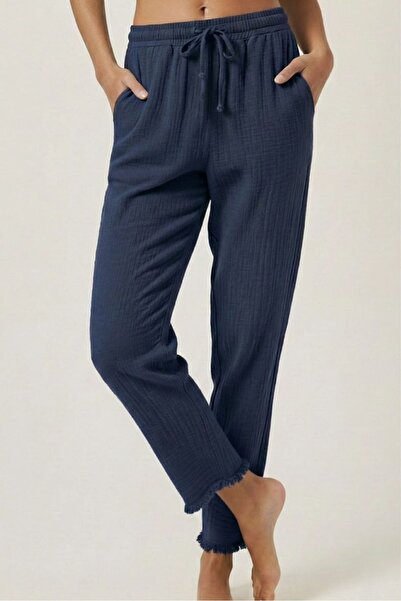 madam trend Μπλε ναυτικό 100% βαμβακερό ύφασμα μουσελίνας παντελόνι μέχρι τον...