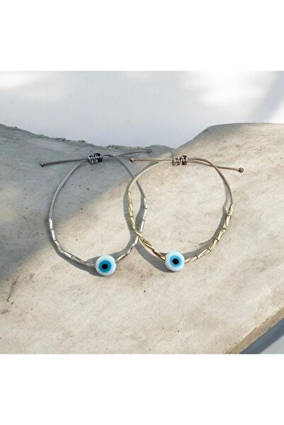 Atelier Çağla Glass White Evil Eye Beaded Tube Bracelet