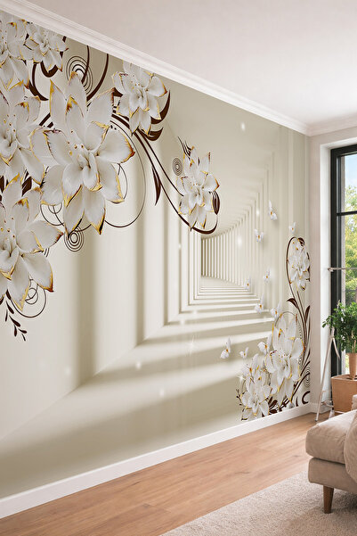 dreamwall 3D Sonsuz Koridor Perspektifli Çiçek ve Kelebek Desenli Tek Parça T...