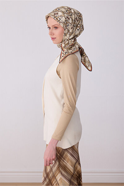 Belli Eșarfă din mătase twill 100% cu model clasic, bej nisipiu, multicoloră ...