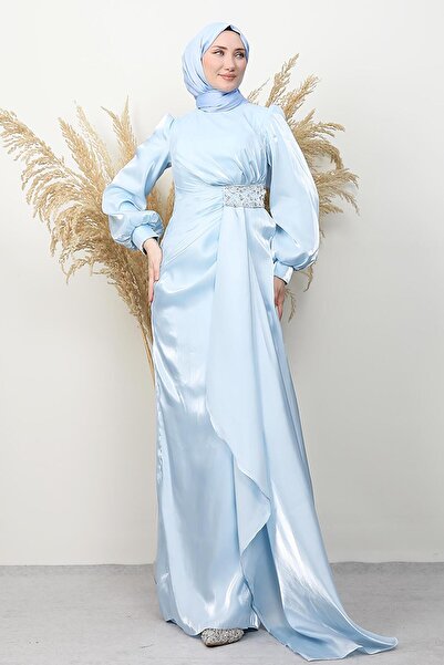 GİYZAMİLA Waist Stone Embellished Evening Dress Baby Blue