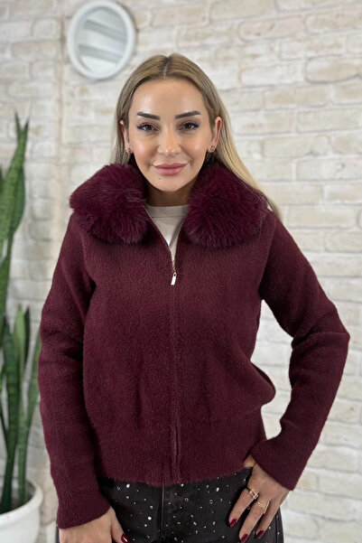 Muna Boutique Comfortable Fit Burgundy Women's Cardigan with Fur Collar and Z...