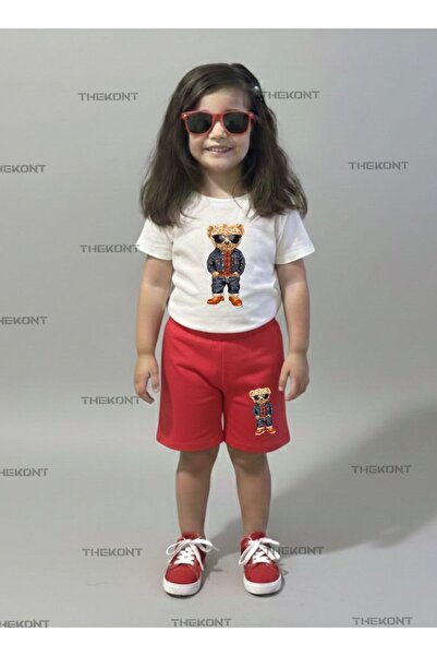 THEKONT Red Shirt with Bear Printed Shorts-T-Shirt Bottom Top Children's Set