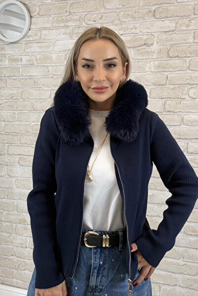 Muna Boutique Comfortable Fit Navy Blue Women's Cardigan with Fur Collar and ...