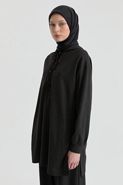 Tuğba Deri Kombinli Örme Sweat - Antrasit