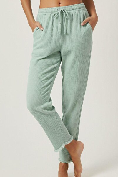 madam trend Mint Green 100% Cotton Muslin Fabric Trousers - Elastic Waist, Na...