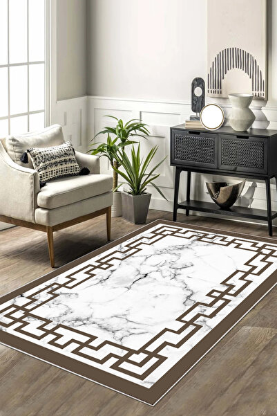 Halise Home Kahve Çerçeveli Beyaz Mermer Desen Kaymaz Tabanlı Yıkanabilir Bas...