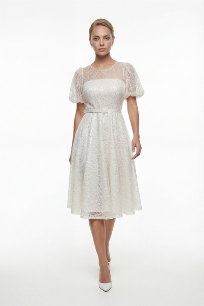 Lafaba Kadın Beyaz Balon Kol Kemerli Söz Nişan Nikah Abiye Elbise