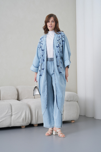 Miss Allos Women's Front Embroidered Beaded Denim Kimono Cardigan and Denim T...