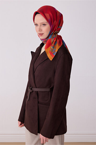 Belli Eșarfă din mătase twill 100% cu model Obje, culoare burgundă 4300-80