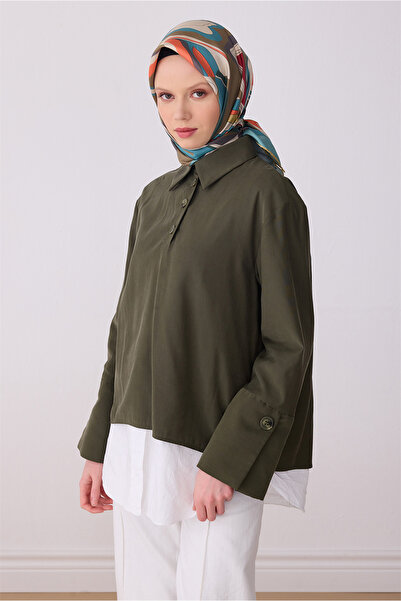 Belli Eșarfă din mătase twill 100% cu model abstract multicolor kaki 4318-81