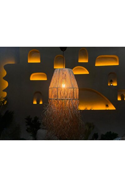 Ekodoğa Hasır Saçaklı Rafya Avize - El Yapımı Sık Örme Bohem Avize - Balkon S...