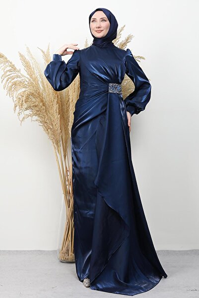 GİYZAMİLA Waist Stone Embellished Evening Dress Navy Blue