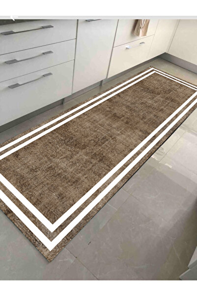 Halise Home Beyaz Çerçeveli Kahve Eskitme Desen Kaymaz Tabanlı Yıkanabilir Ba...