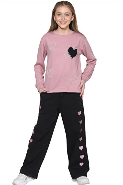 BEGONYA BEBECE KIDS Heart Pearl Jeans Double Girls' Set Swet Pants