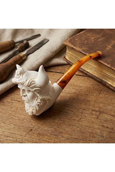 Altınışık Lületaşı El Oyması Lületaşı Viking Pipo, Boynuzlu Miğferli Sakallı ...