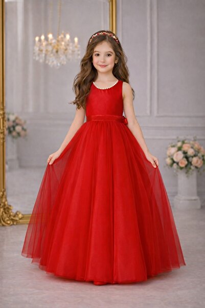 SUNEH Κοριτσίστικο φόρεμα με πέρλες στο γιακά, κόκκινο φόρεμα χορού για πάρτι...