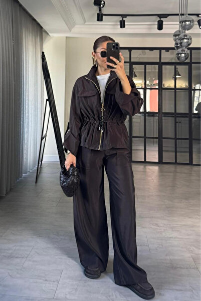 My Blog Brown Waist-Tied Shiny Parachute Top and Bottom Set - 0650