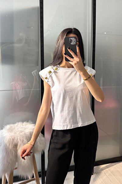 Qu Style Shoulder Padded Button Detail T-Shirt - Ecru Ekru