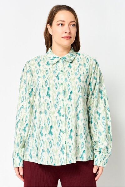 Kathy Ireland Women Spread Collar Long Sleeve Allover Print Shirt, Multicolor