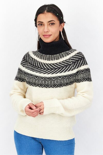 French Connection Women Turtle Neck Textured Sweater, Cream/Black/Grey