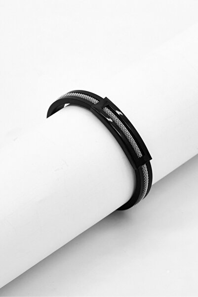 Steeltime Men Black Rubber Mesh Inlay Bracelet, Black